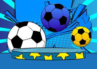 Comic Book Product podium stage for mockup presentation with Soccer Ball. Retro comics background.