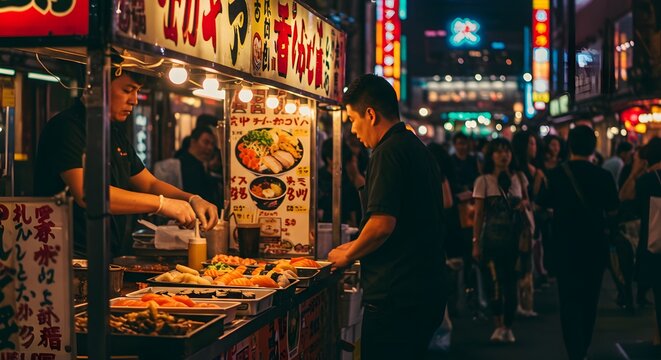  busy japanese street food stall at night with chefs cooking under neon lights and crowd in the background