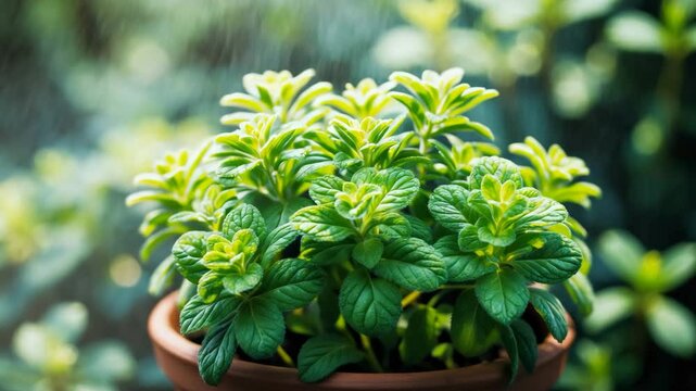 Oregano leaves flourishing in a pot.