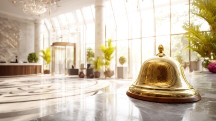 A golden bell on the front desk of a luxury hotel, marble floors, luxurious interior design