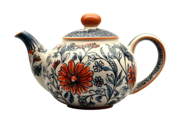 A charming floral teapot, adorned with vibrant orange and blue blossoms, perfect for a relaxing afternoon tea, showcasing intricate hand-painted details on creamy ceramic.