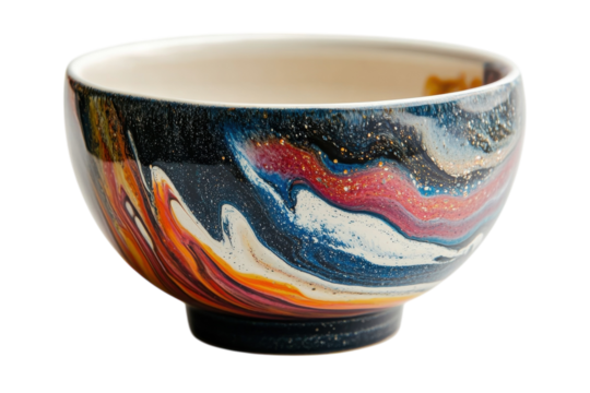 A cosmic swirl bowl, a vibrant galaxy captured in ceramic, showcasing swirling blues, reds, and golds with a speckled finish.