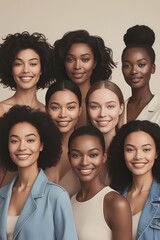 A vibrant group of diverse women smiling together in soft studio lighting. The image celebrates natural beauty, joy, and friendship with modern, inclusive representation and stylish tones.