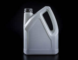 Plastic jerry can for engine oil isolated on black background. Mock-up.