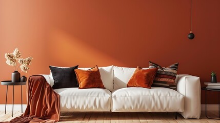 Beautiful Apartment, Sofa, Chair, Dining Table wall Mockup Interior design of modern living room