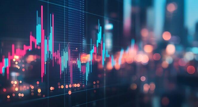 A stock market display showing the U.S. flag and financial data, with numbers in English on it The background is blurred to highlight details of an American wallpaper design with the U.S Generative AI