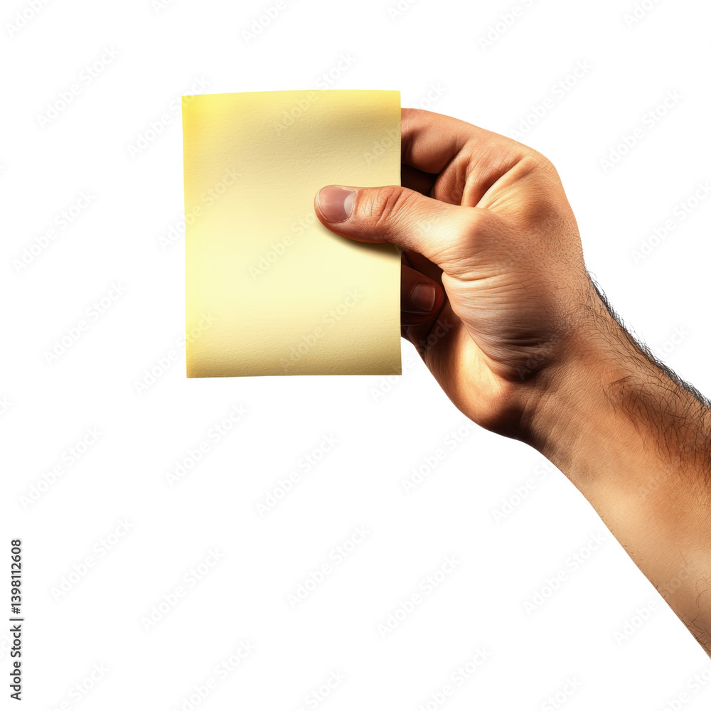 Poster a hand holding a piece of plain paper against a neutral background signifying writing and communicat