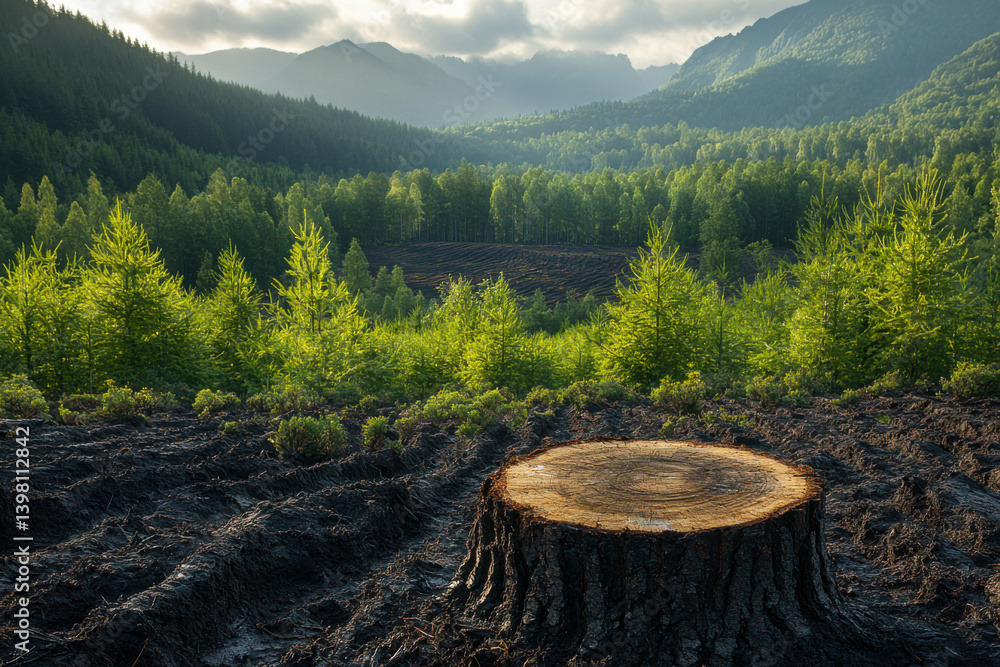 Poster a large tree stump sits in a field of trees