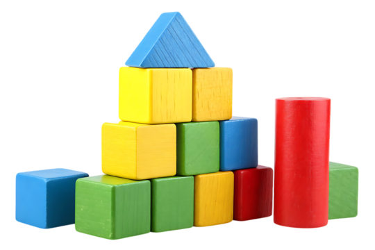 Colorful wooden building blocks for children's education on transparent background