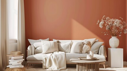 Beautiful Apartment, Sofa, Chair, Dining Table wall Mockup Interior design of modern living room