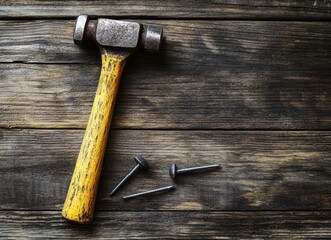 hammer with nails on wooden background. flat lay construction tool concept