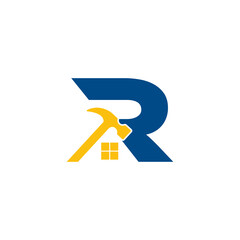 Blue And Gold Modern Letter R Logo With Hammer And House Icon