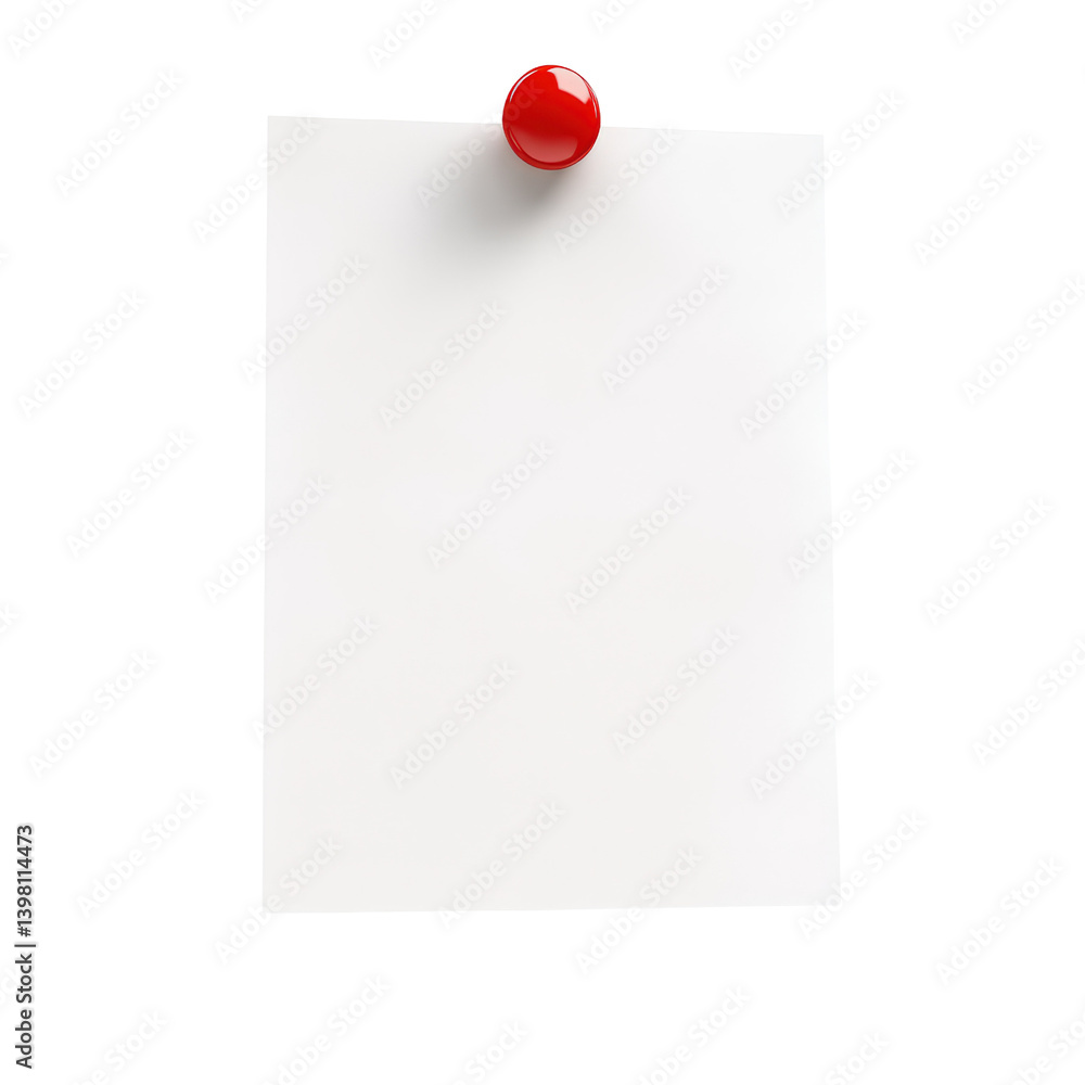 Poster blank paper note with a red push pin attached to the surface ideal for reminders, messages or import