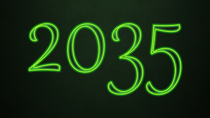 Neon glowing green number design of 2035 on dark background.