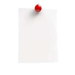 Blank paper note with a red push pin attached to the surface ideal for reminders, messages or important notes in workspaces isolated on transparent background..