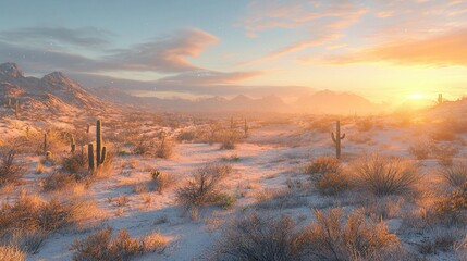 Scenic desert sunset landscape with snow-covered ground, cacti, and mountains.