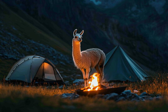 This night scene features a llama near a glowing tent and campfire in the mountains—ideal for adventure, wilderness, or camping stories.
- Powered by Adobe