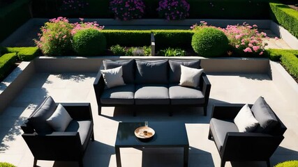 Three beige and black sofas and a table situated in the garden and courtyard on the garden level, comfortable seating, aerial view - Powered by Adobe