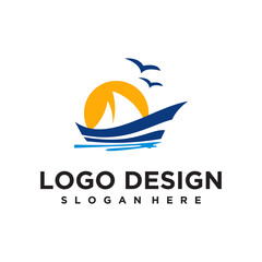 Blue And Orange Minimalist Boat Logo Design With Birds And Sun
