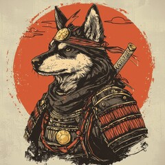Obraz premium The Samurai's Resolve: An illustrated depiction of a wolf adorned in samurai attire against a vibrant orange sun backdrop, a fusion of animalistic grit and warrior spirit.