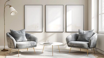 Beautiful Apartment, Sofa, Chair, Dining Table wall Mockup Interior design of modern living room