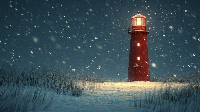 Luminous lighthouse in snowy winter landscape