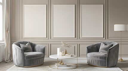 Beautiful Apartment, Sofa, Chair, Dining Table wall Mockup Interior design of modern living room