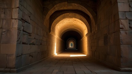 Fototapeta premium ancient stone hallway with arches and natural sunlight entering from side