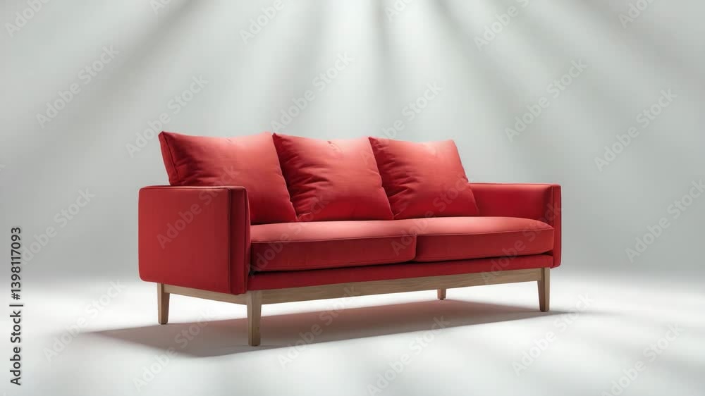 Aufkleber red upholstered sofa with wooden supports positioned in front of a background featuring a clipping p