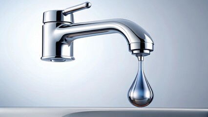 A single drop of water falls from a gleaming chrome faucet, reflecting light