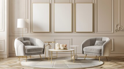 Beautiful Apartment, Sofa, Chair, Dining Table wall Mockup Interior design of modern living room