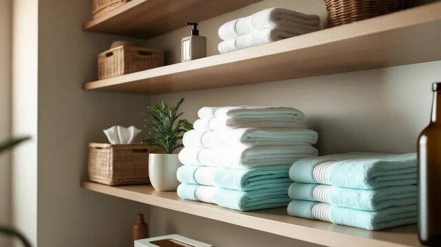 Bathroom closet organization featuring floating wooden shelves