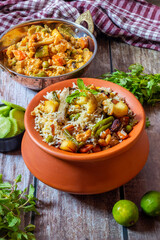 Navratan Pulao is a rich, aromatic Indian rice dish made with basmati rice, mixed vegetables, nuts, and dried fruits, offering a delightful sweet-savory flavor.