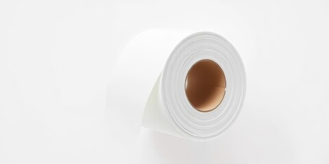A pristine roll of white toilet paper, fully in focus, against a stark white backdrop, tissue, paper product
