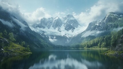 Fototapeta premium Serene mountain lake reflecting snow-capped peaks under a partly cloudy sky.
