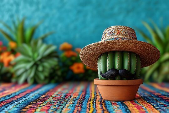 Funny Potted Cactus with Mustache and Sombrero Hat, Tropical Plants Backdrop, Bright Table
