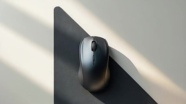 Close-up of a wireless computer mouse on a mouse pad, set against a background.