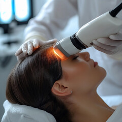 Fototapeta premium Advanced skin treatment session in a modern clinic featuring a woman receiving facial therapy