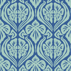 Fototapeta premium Monochrome green brush strokes inky flowers seamless pattern damask style. Abstract modern floral background. Textured botanical minimalist wallpaper