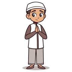 Cartoon Muslim Boy Smiling with Hands Folded in Prayer on White Background