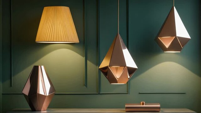 Modern bronze decorative lamps and lampshades positioned against a dark wall.