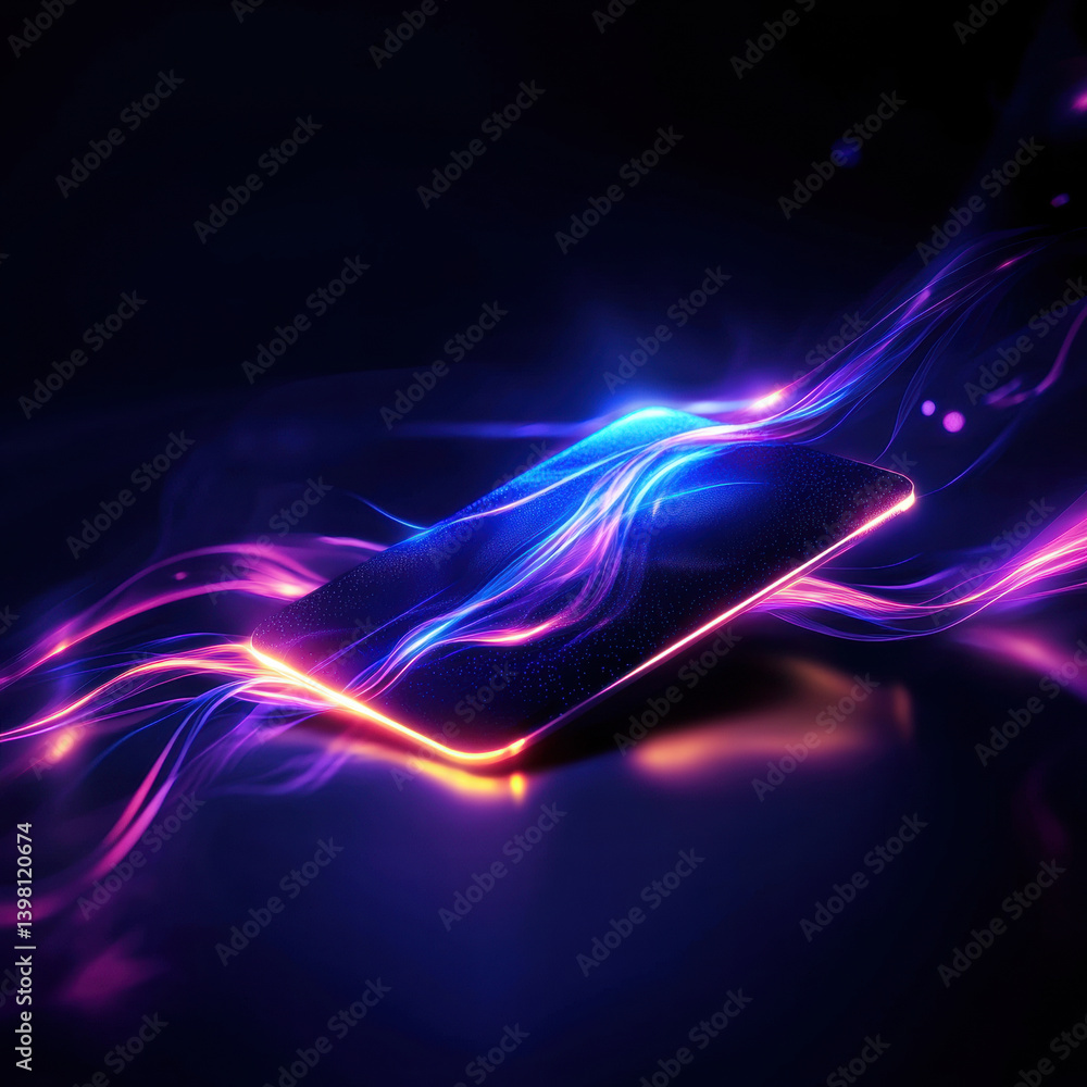 Poster futuristic glowing smartphone with vibrant light trails creating dynamic atmosphere