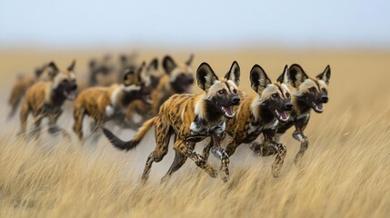 Pack of wild dogs running across savanna