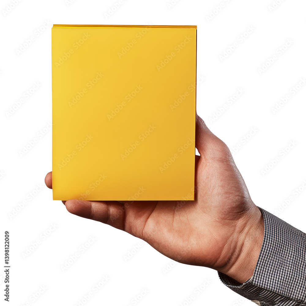 Poster close-up of a hand holding a bright yellow box against a simple background, emphasizing color and fo