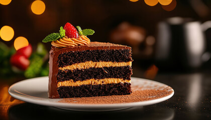 Decadent chocolate cake slice with creamy filling and fresh strawberry garnish