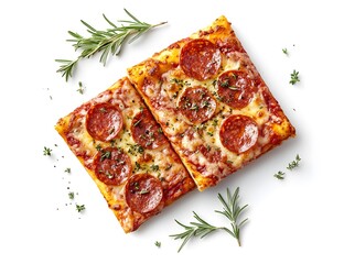 Two square pepperoni pizza slices with herbs on a white background.