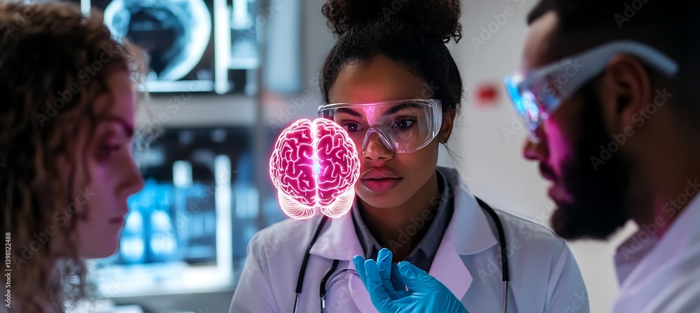 Poster team of researchers in a smart laboratory exploring a human brain model using touchscreens, charts, 