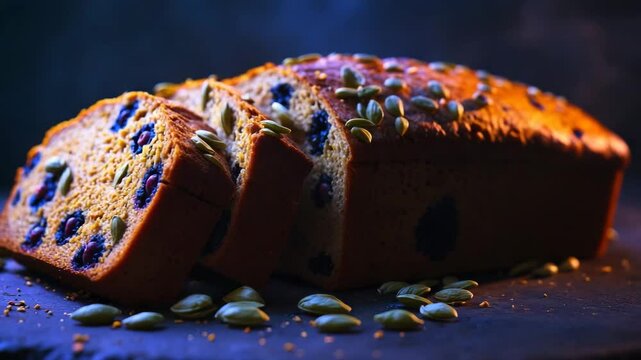 Sliced loaf of blueberry bread with pumpkin seeds