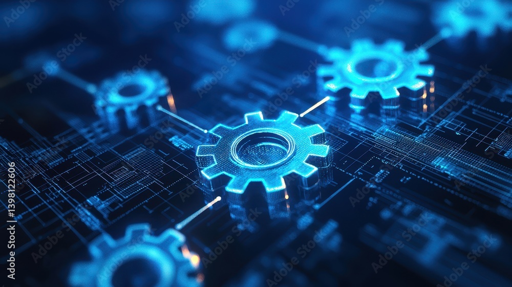 Poster a close-up view of interconnected blue gears on a digital circuit background, symbolizing technology
