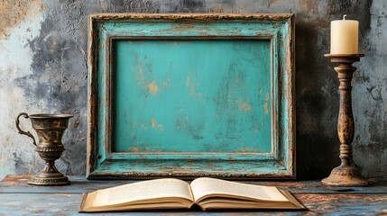 Empty antique teal frame, open book, candle holder, decorative accessories on wooden surface.